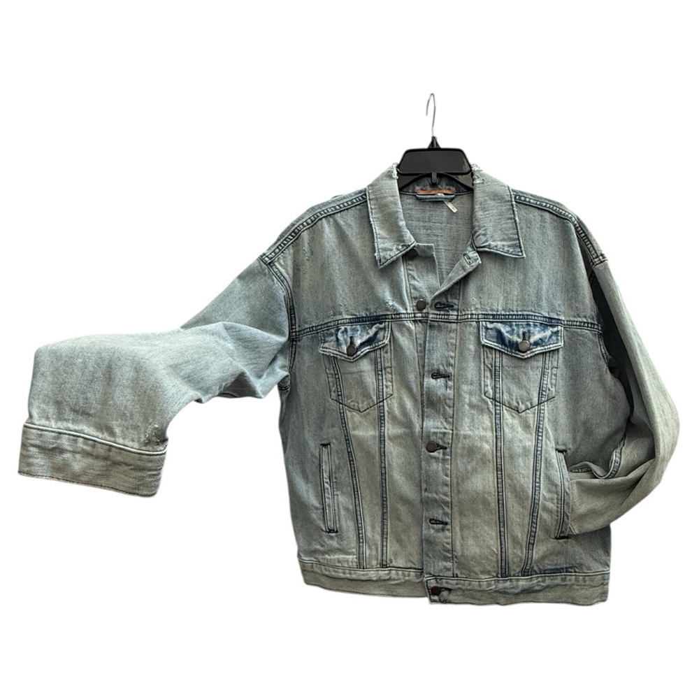 Free People distressed denim jean trucker jacket oversized XS/S NWOT - Picture 6 of 8
